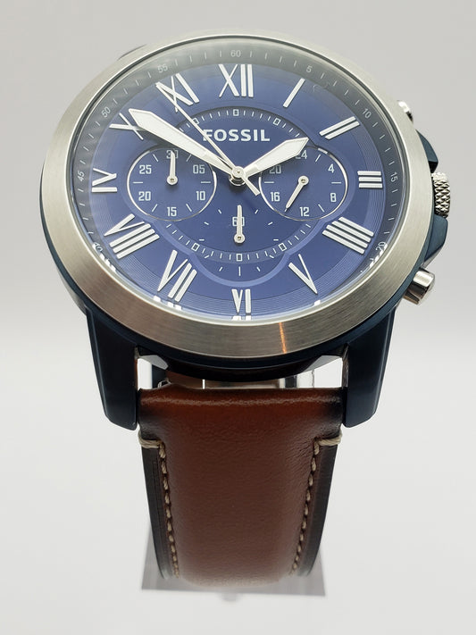 Fossil Men's Grant Blue and Silvertone Watch with Light Brown Strap